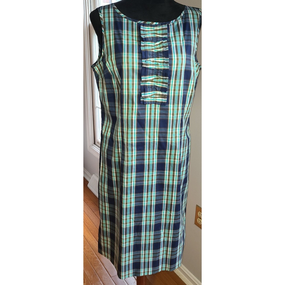 Talbots Blue Green Brown Plaid Ruffle Preppy Sleeveless Lined Dress Lg